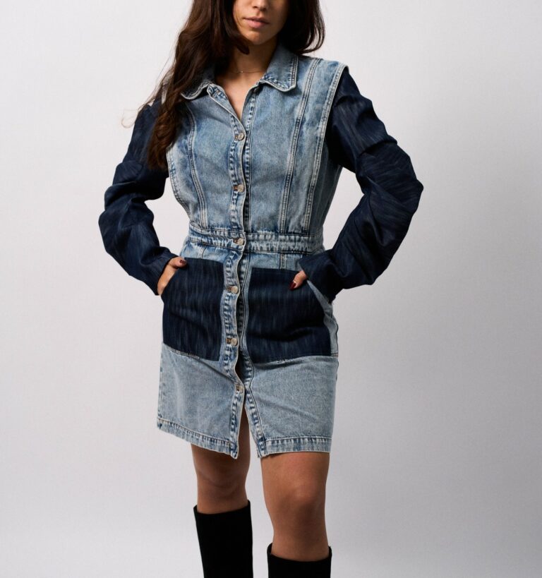 Robe full denim manches drapées