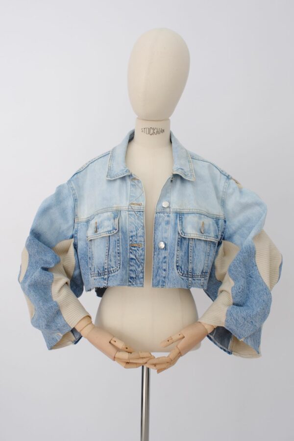 Veste Courte en Jean & Maille - Patchwork Bleu