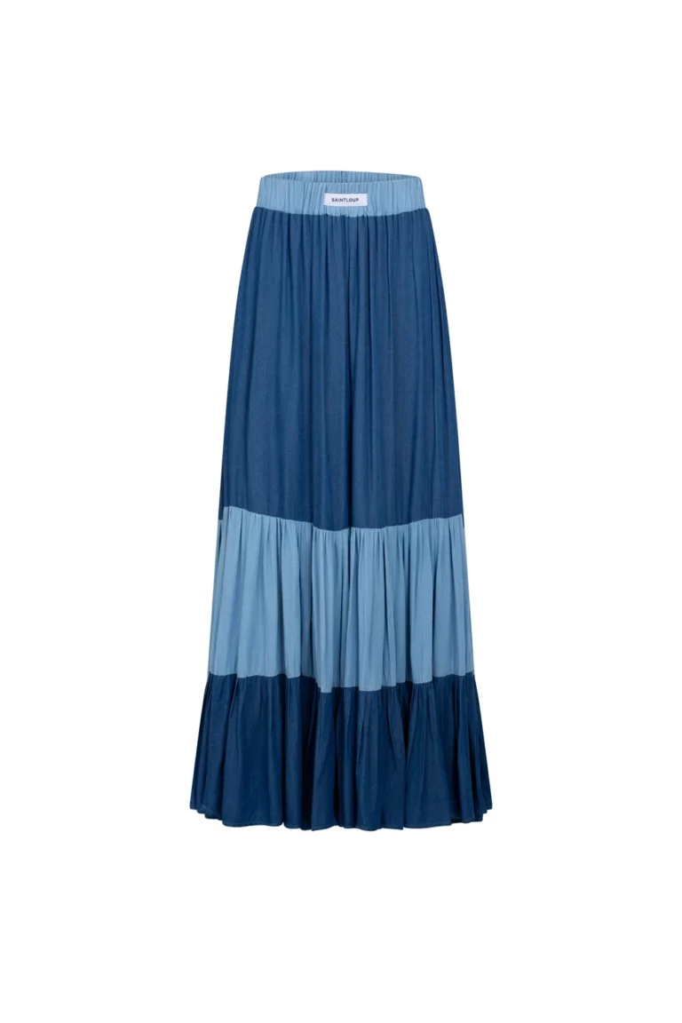 Jupe longue chambray à volants fluides