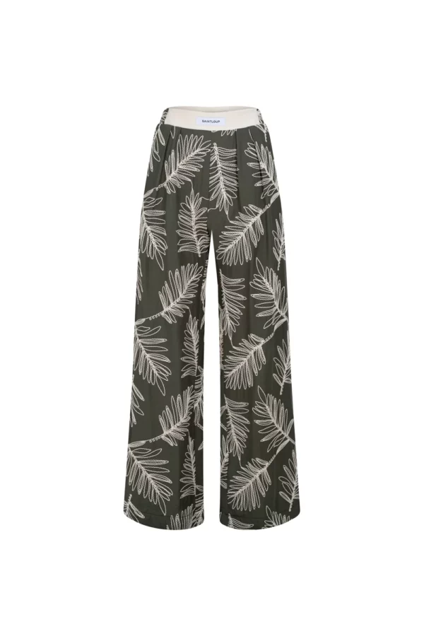 Pantalon fluide imprimé feuilles contrastées