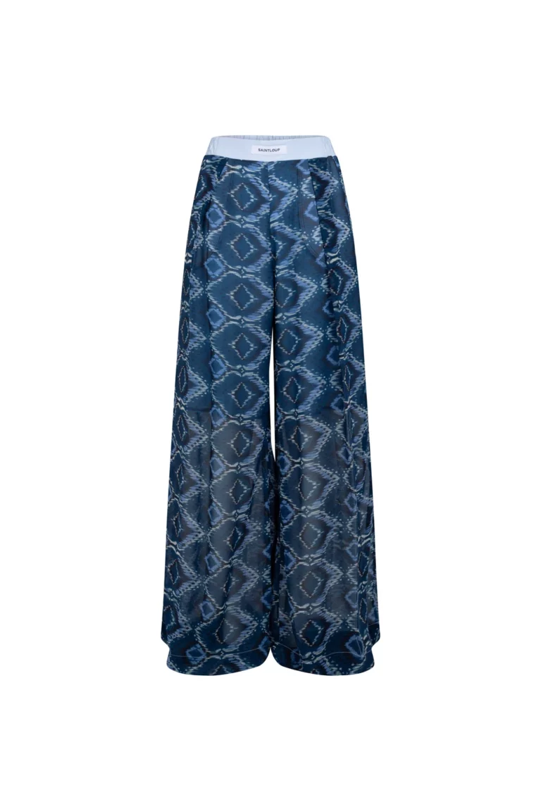 Pantalon large en voile ikat bleu