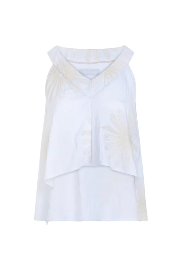 Top brodé à larges fleurs ivoire en relief