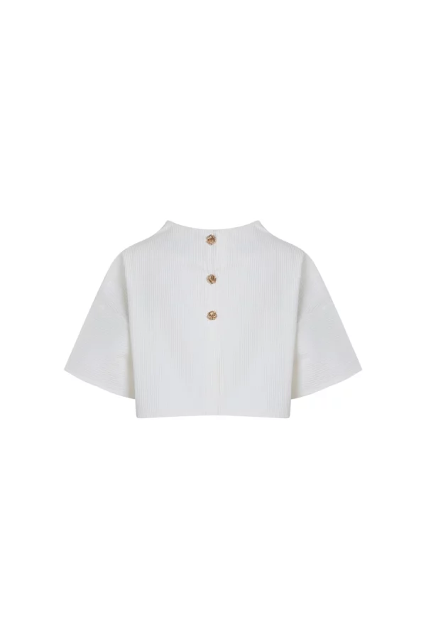 Top blanc texturé à boutons dorés – Image 2