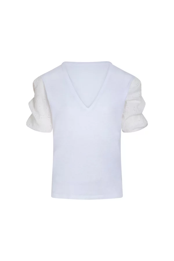 T-shirt blanc manches plissées brodées