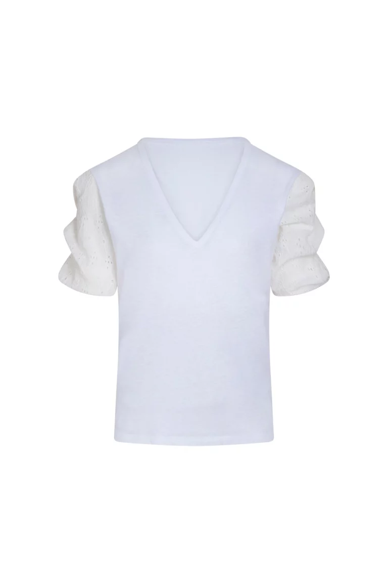 T-shirt blanc manches plissées brodées