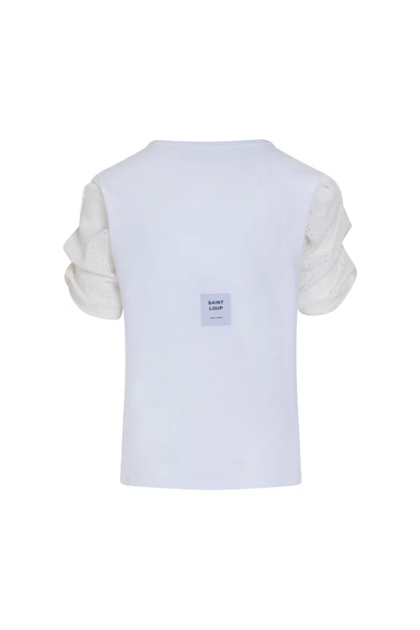 T-shirt blanc manches plissées brodées – Image 2