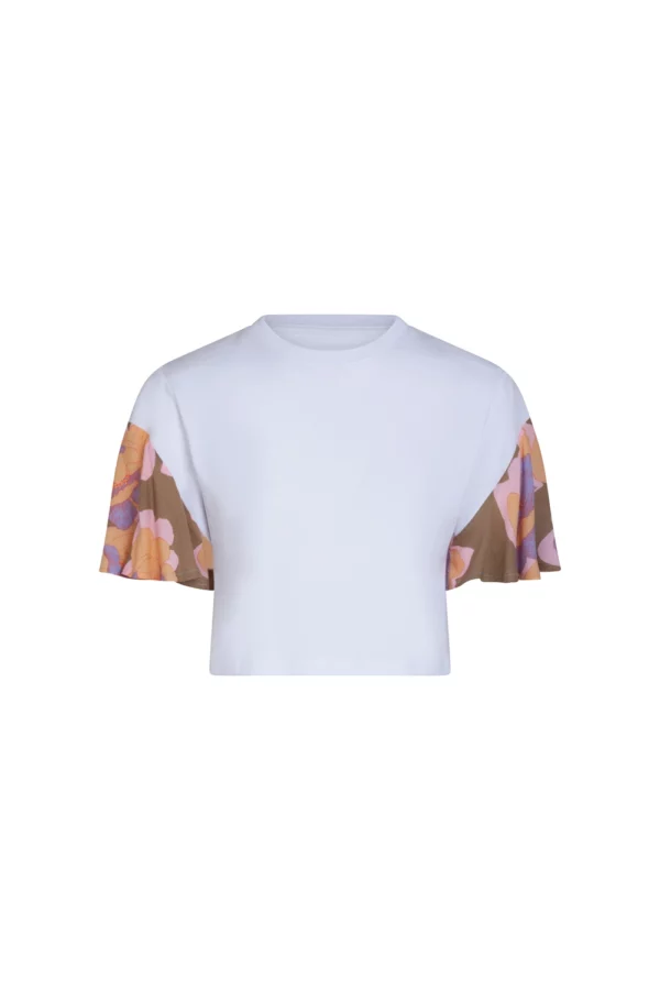 Tshirt court blanc manches imprimées fleurs