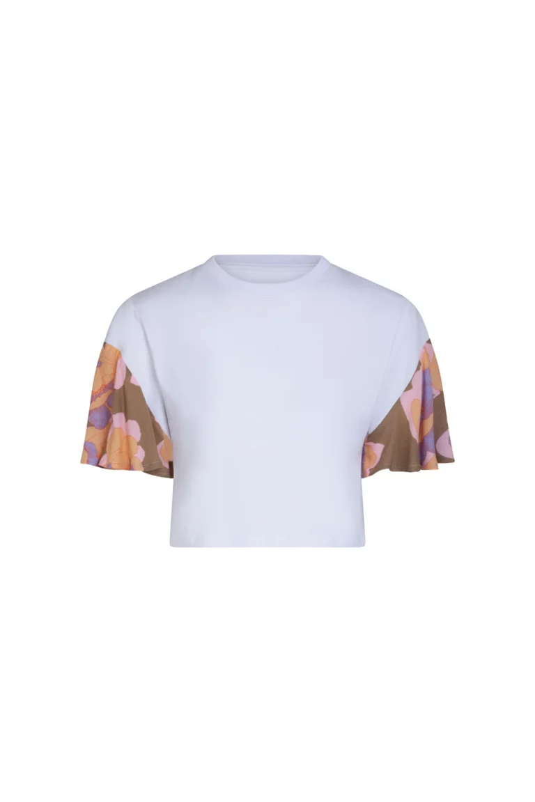 Tshirt court blanc manches imprimées fleurs