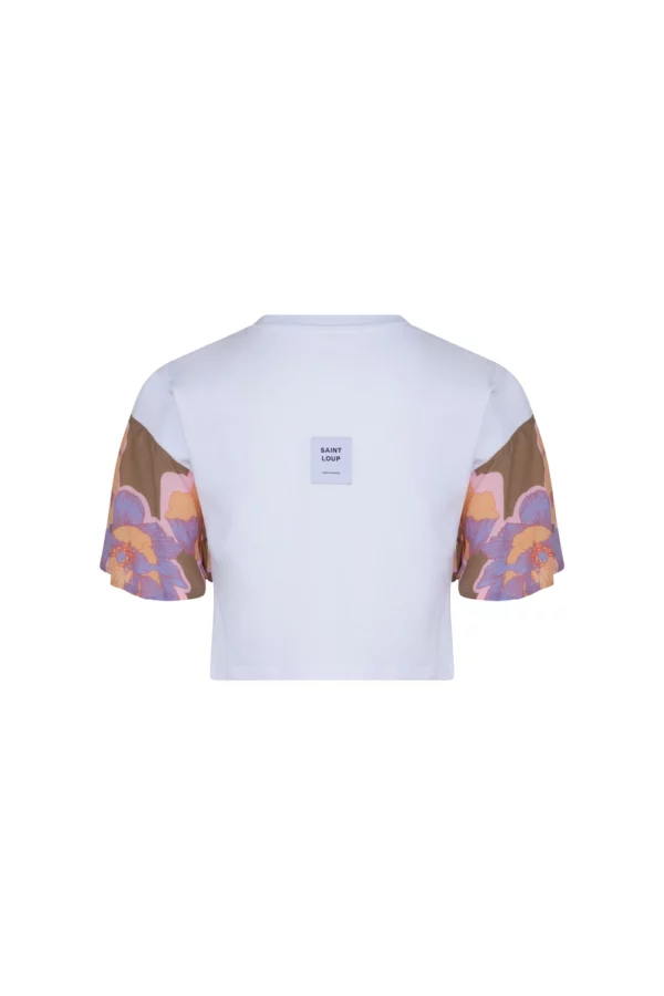 Tshirt court blanc manches imprimées fleurs – Image 2