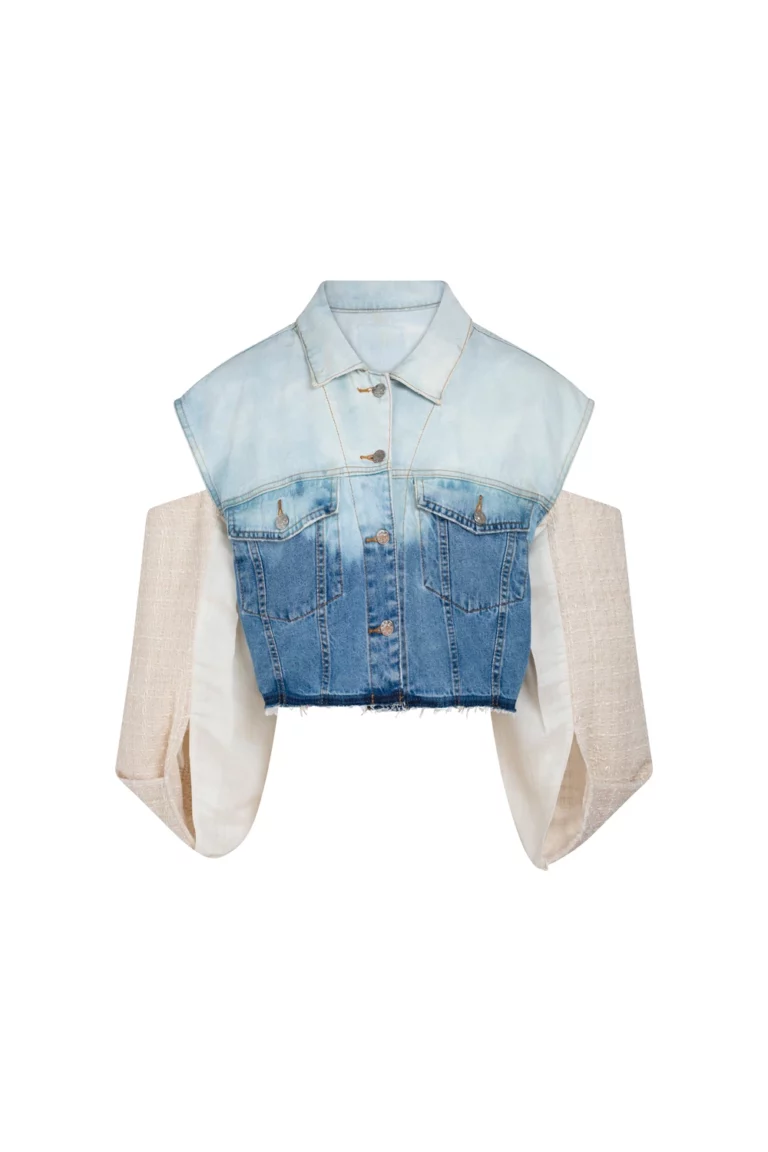 Veste courte en jean délavé et tweed rosé